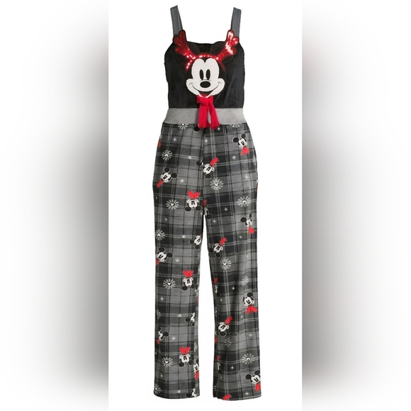Disney Christmas Mickey Mouse Velour Jumpsuit PJ Pajama Overalls Junior's XL - Picture 2 of 10